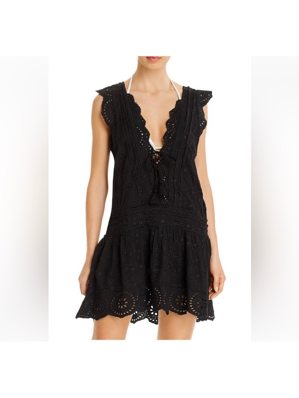Surf Gypsy Black Eyelet Embroidered Mini Dress Size M Boho Beach Cover Up Tassel